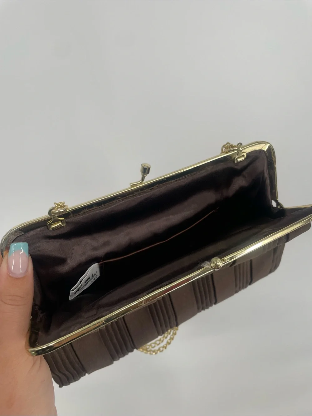 Vintage La Regale Double Chain Handle Brown Pintucked Evening Bag W Coin Purse